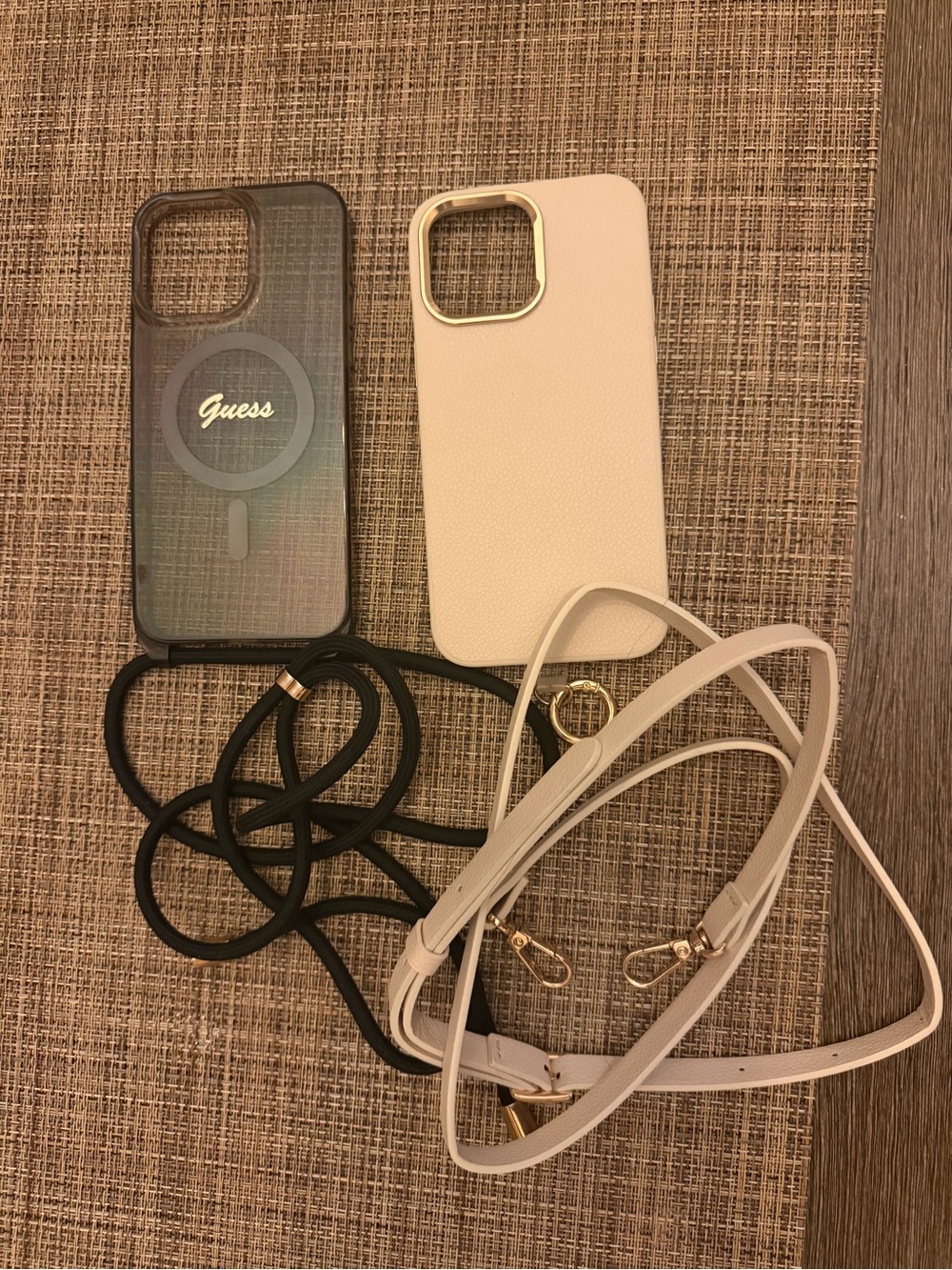 Guess White Leatherette Phone Case with Clear MagSafe Case and Straps